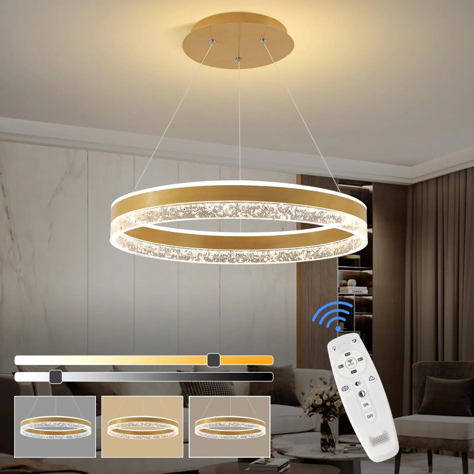 Lustre Pendente de Luxo Circular Versailles LEDZ - Preto/Branco/Dourado - 50cm