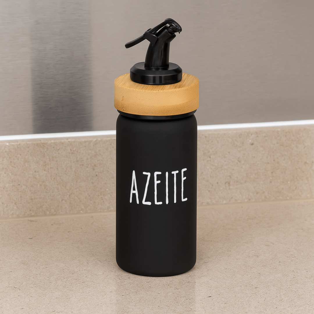 Galheteiro Azeite Doha Vidro e Tampa de Bambu Preto 220ml