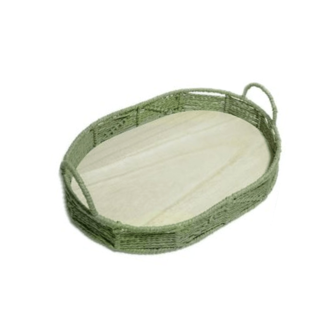 Bandeja Oval de Palha Cestaria com Base de Madeira Verde 35cm