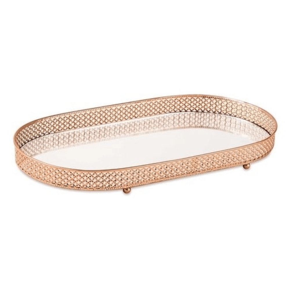 Bandeja Rose Gold em Metal com Espelho Oval G - 38,5 cm