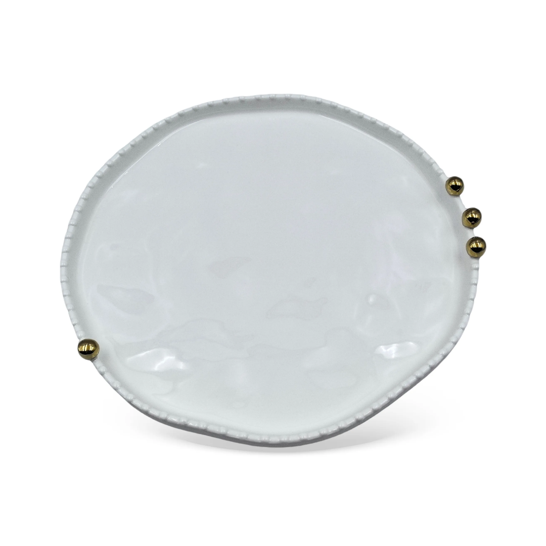 Travessa Redonda Branca com Esferas Dourada em Porcelana 29cm