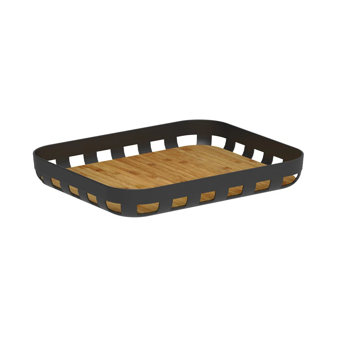 Bandeja Retangular Lume Plástico e Bambu Preta 35,5cm