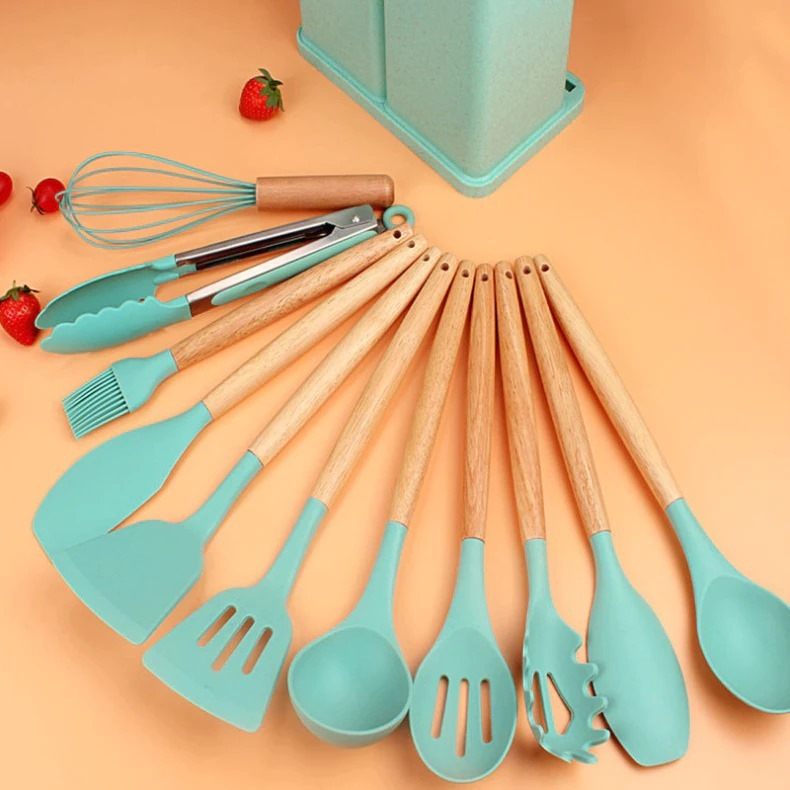 Kit 19 Peças de Utensílios Em Silicone Com Cabo de Madeira