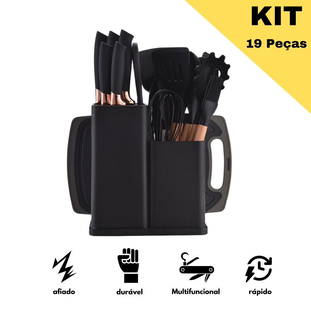 Kit 19 Peças de Utensílios Em Silicone Com Cabo de Madeira