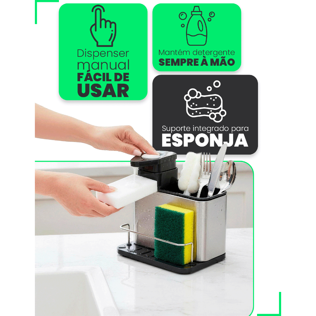 Dispenser Porta Detergente E Esponja 3 Em 1