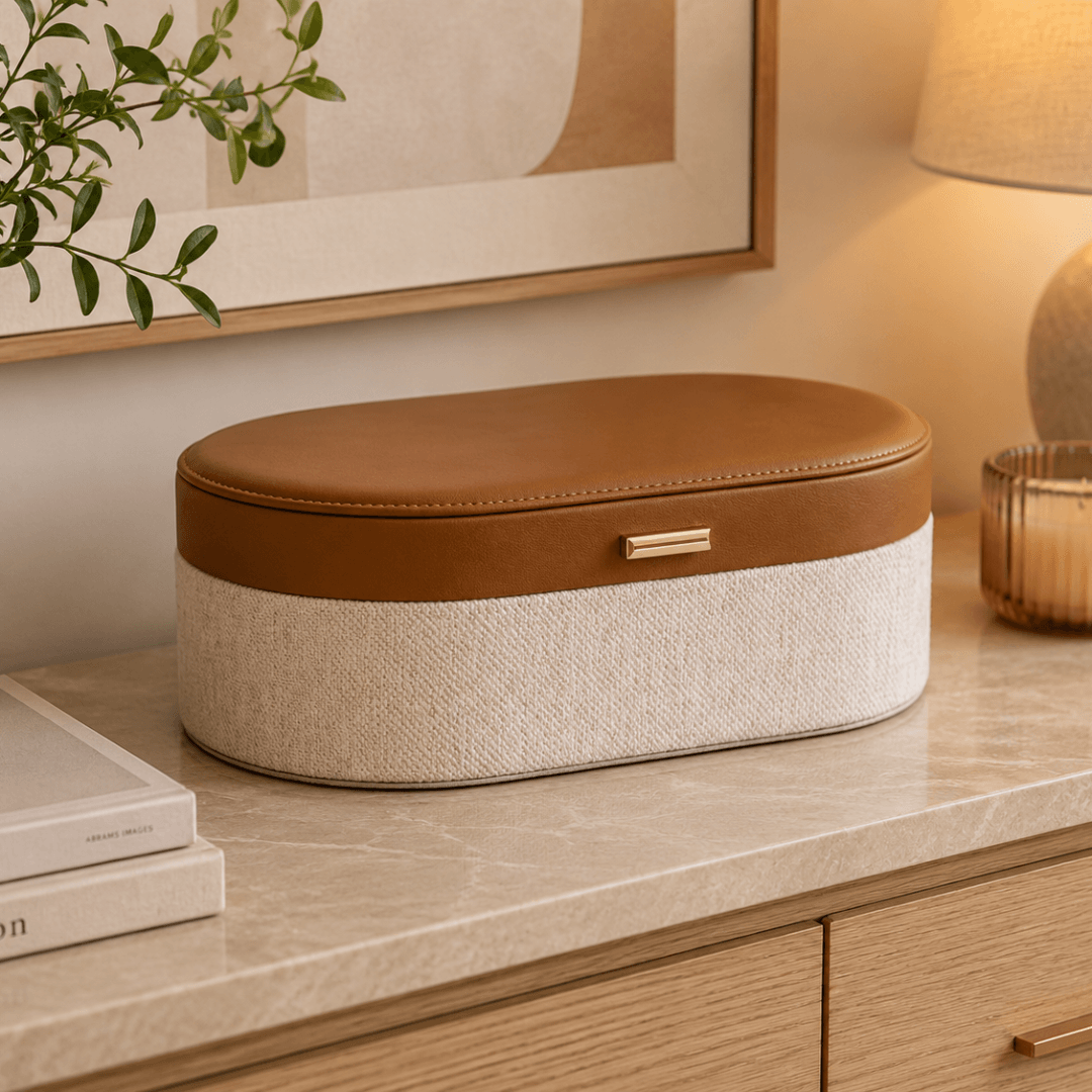 Caixa Decorativa em MDF e PU Marrom e Bege 52cm