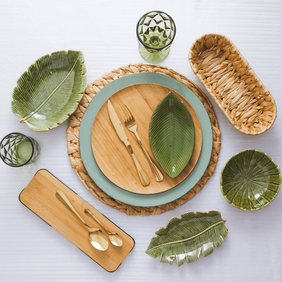 Saladeira Travessa Redonda de Cerâmica Leaf Folha de Banana Verde 25cm