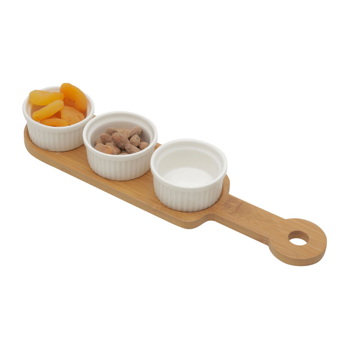 Conjunto 3 Petisqueiras Porcelana com Suporte Bambu 33cm