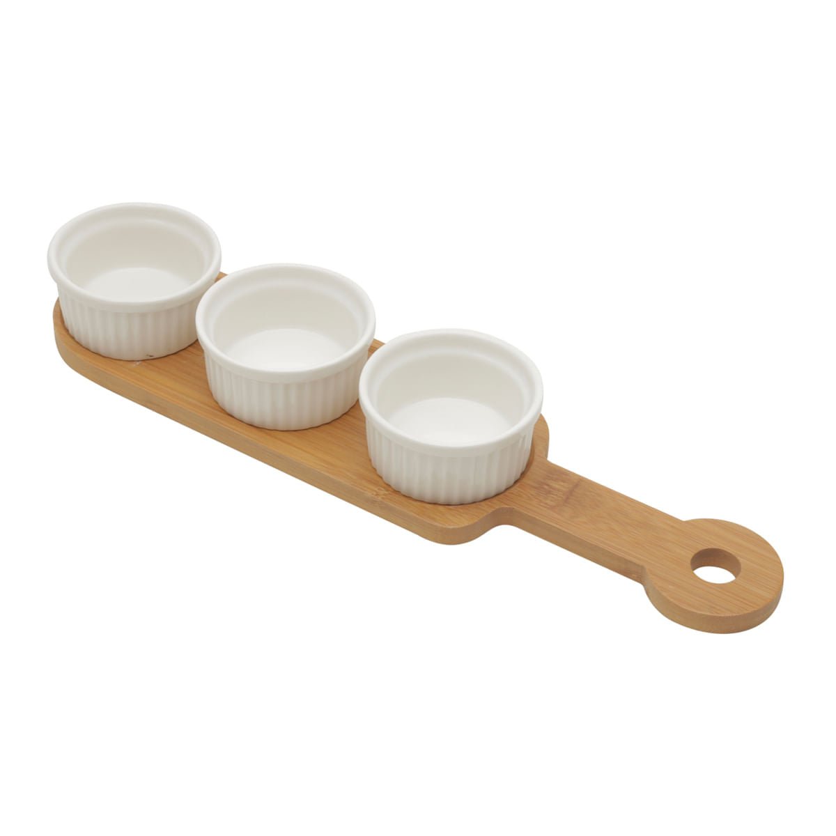 Conjunto 3 Petisqueiras Porcelana com Suporte Bambu 33cm