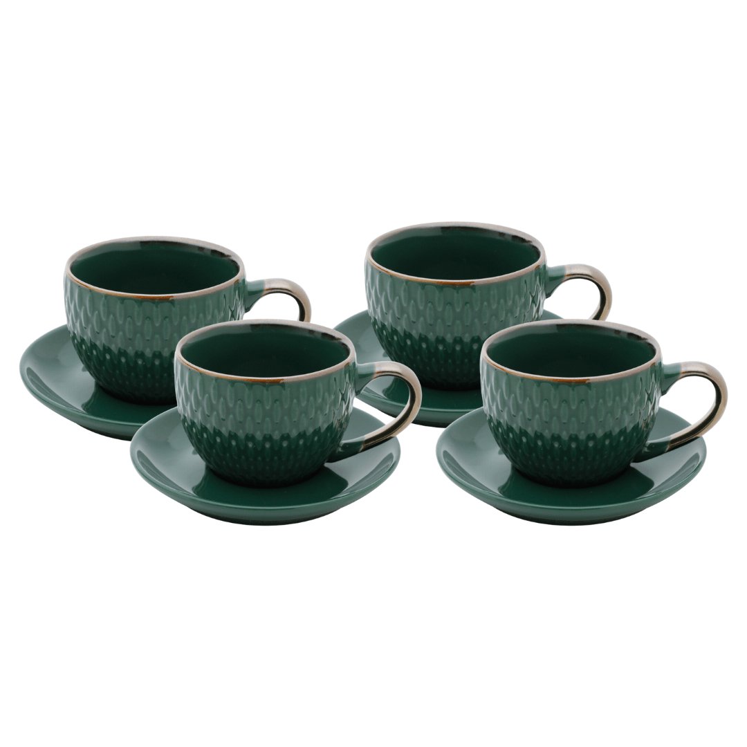 Conjunto 4 Xícaras de Café Com Pires Porcelana Verde Drops com Detalhe Metalizado - 90ml
