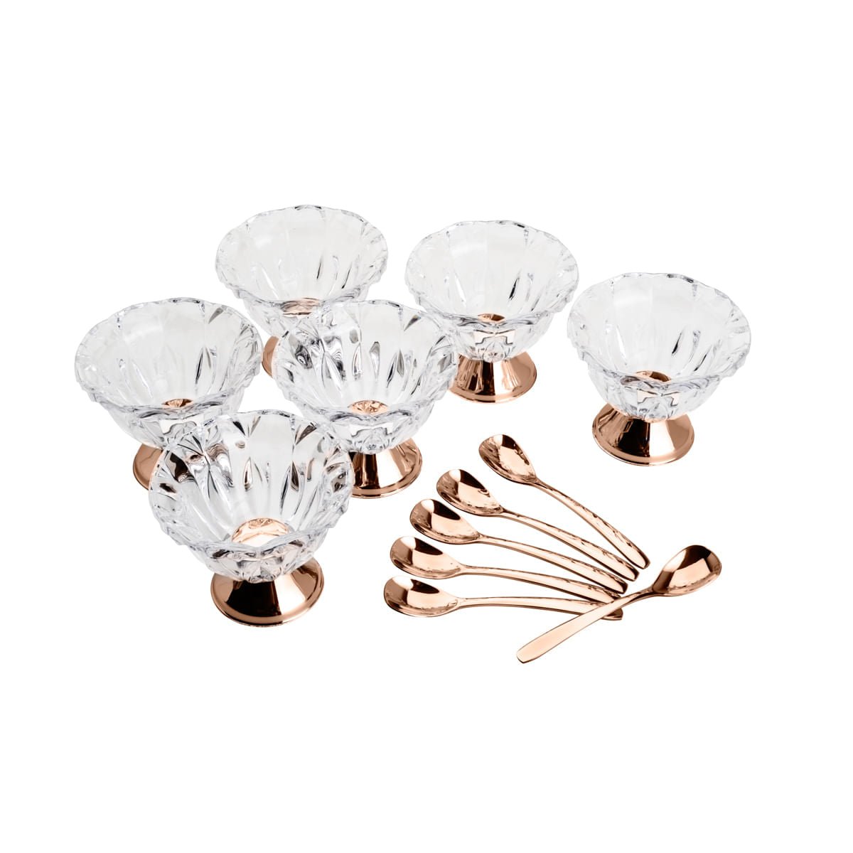 Conjunto 6 Bowls Taças Cristal Para Sobremesa + 6 Colheres Rose Gold