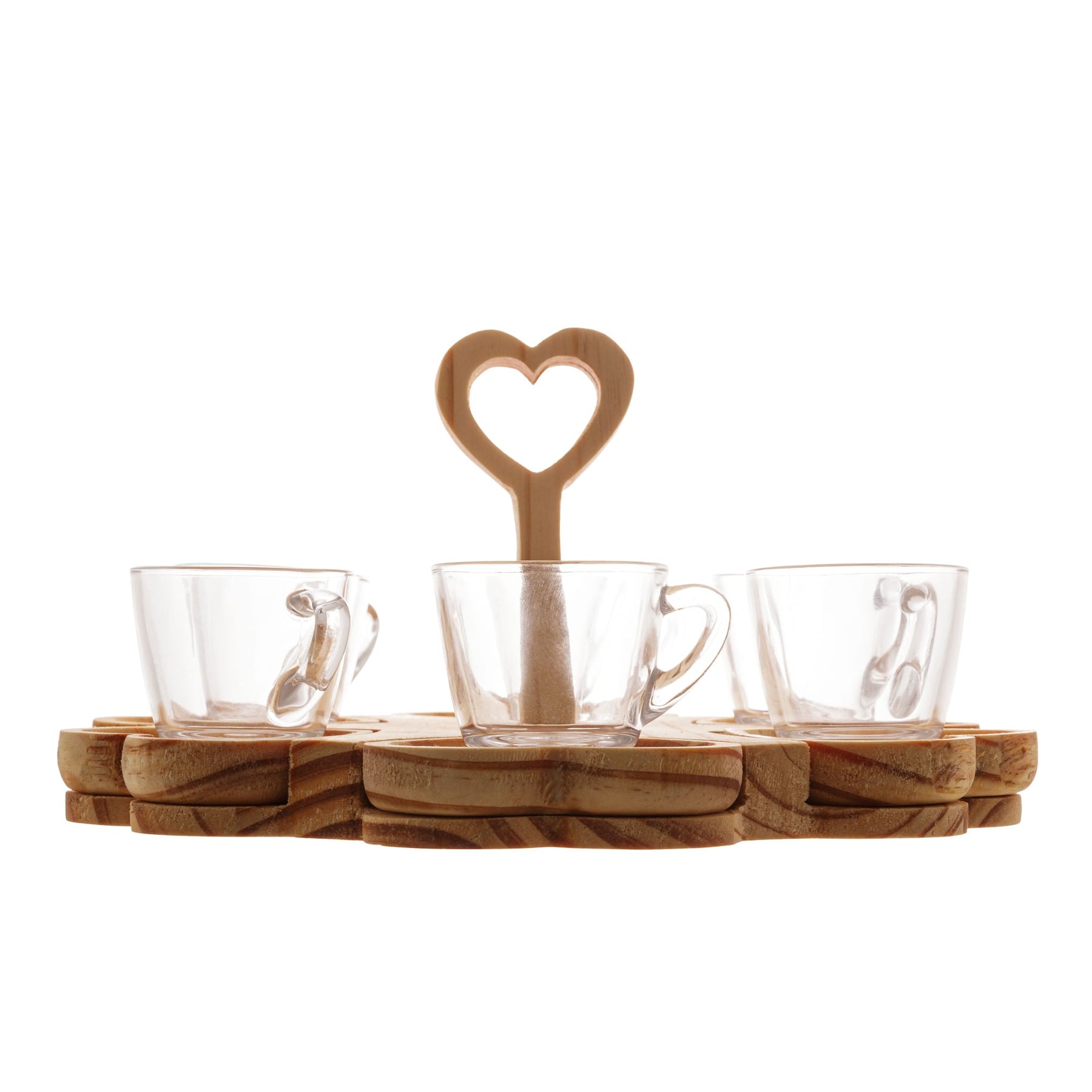 Conjunto 6 Xícaras de Café 75ml com Pires e Suporte Coração de Madeira Pinus