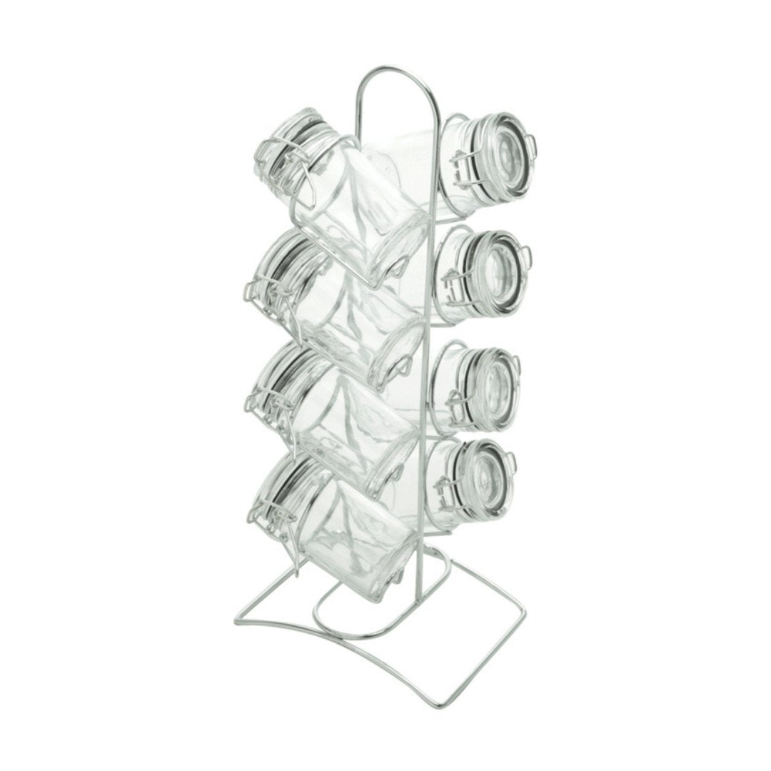 Conjunto 8 Potes Herméticos Vidro Borossilicato 65ml com Suporte de Metal Cromado