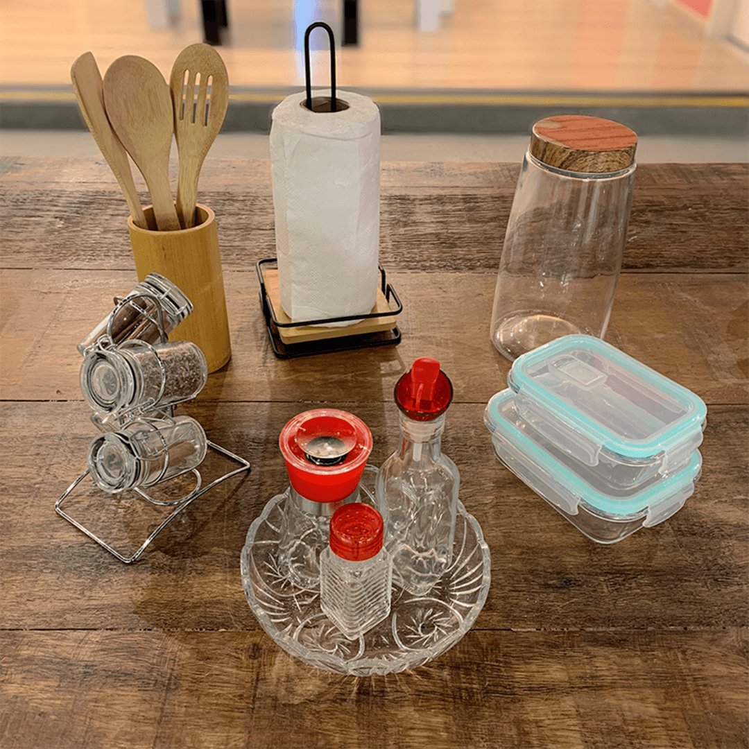 Conjunto de 3 Utensílios com Suporte de Bambu 30x8cm