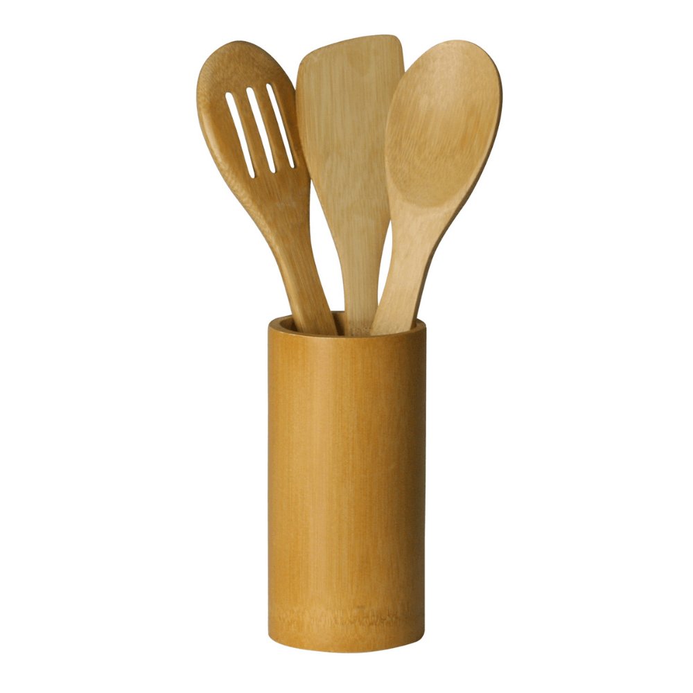 Conjunto de 3 Utensílios com Suporte de Bambu 30x8cm