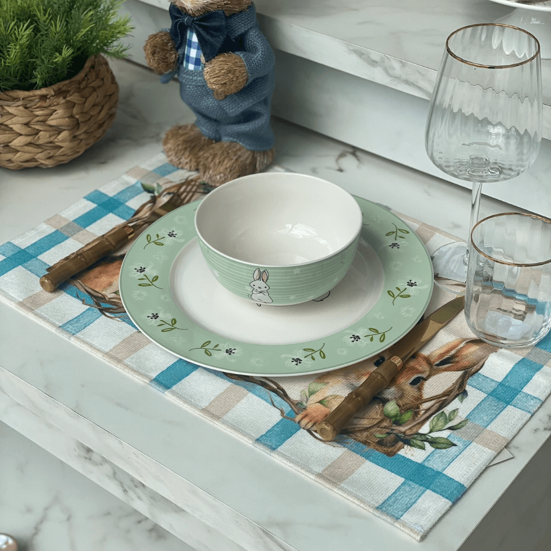 Conjunto de Jogo Americano Retangular Coelhos Xadrez Páscoa 48cm 2 Peças