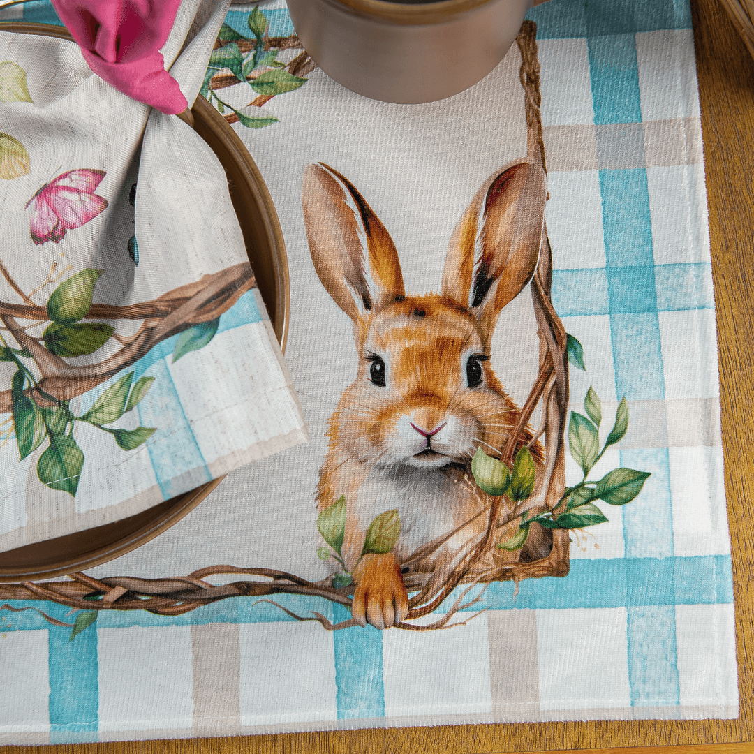 Conjunto de Jogo Americano Retangular Coelhos Xadrez Páscoa 48cm 2 Peças