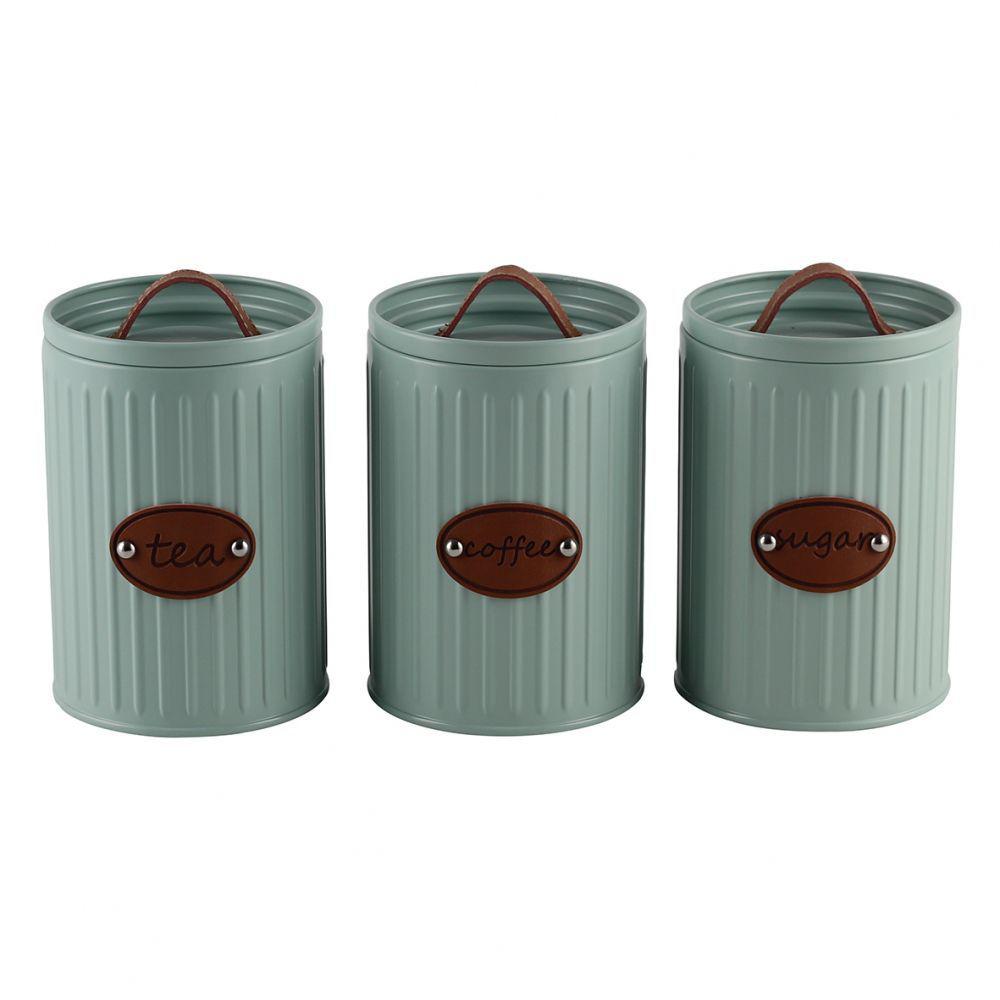 Conjunto de Latas Herméticas Porta Condimentos de Ferro Verde Menta e Tampa com Puxador Couro Sugar Coffee Tea - 3 Peças