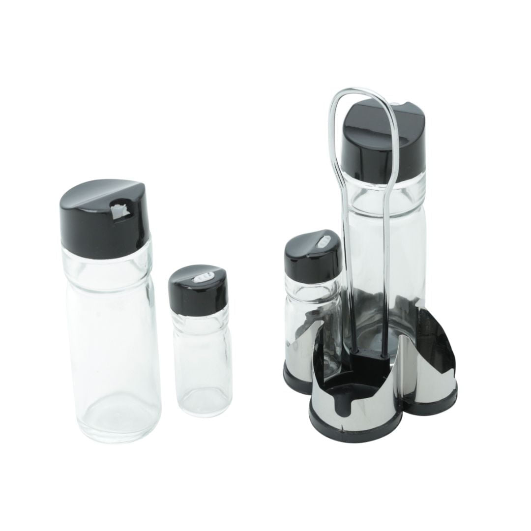 Conjunto Galheteiro Vidro Borossilicato Tampa Plástica com Suporte Donattelo 5 Peças