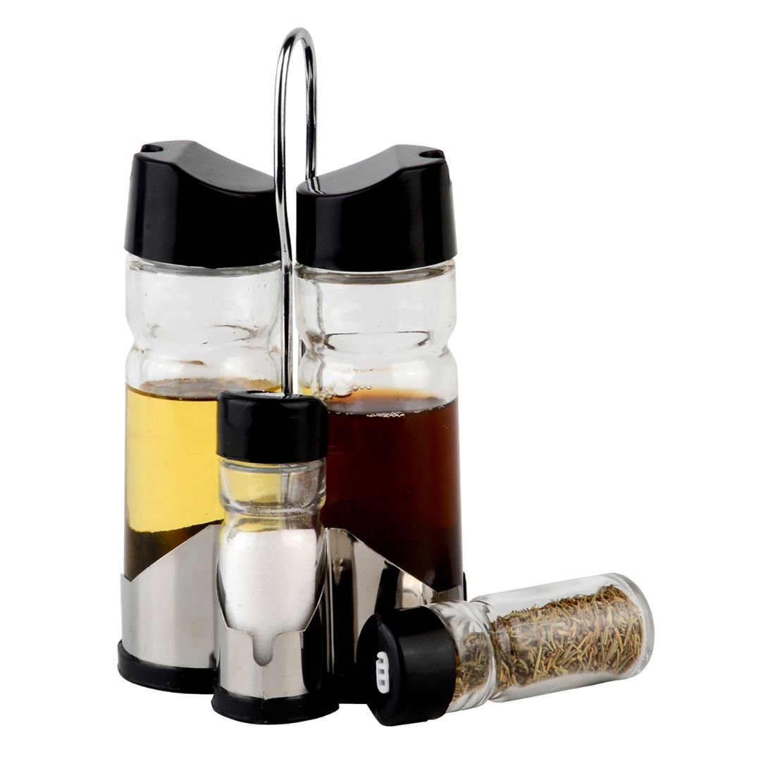 Conjunto Galheteiro Vidro Borossilicato Tampa Plástica com Suporte Donattelo 5 Peças
