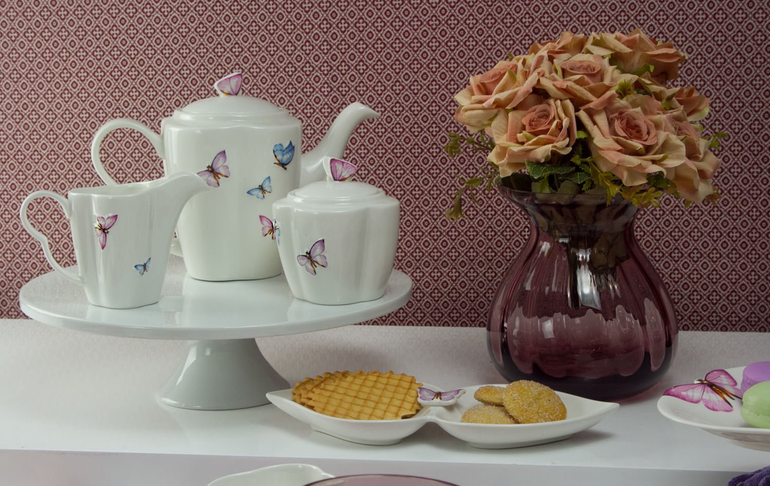 Conjunto para Café Bule Açucareiro Leiteira Porcelana Borboletas Branco 3 Peças