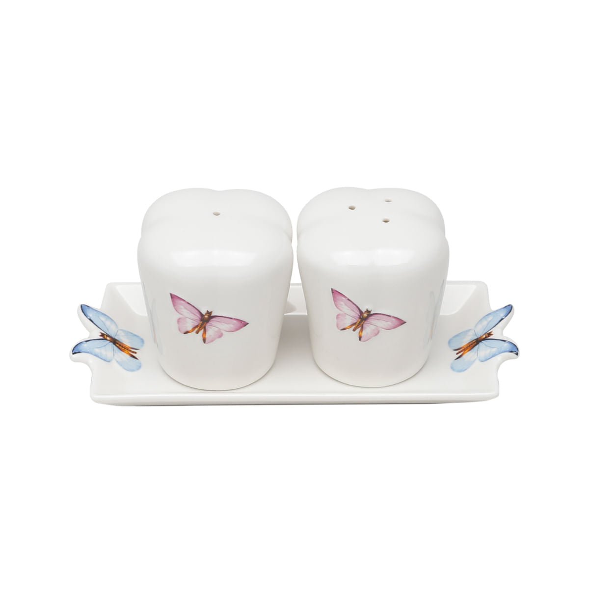 Conjunto Saleiro e Pimenteiro com Bandeja de Porcelana Borboletas Branco 6cm 3 Peças