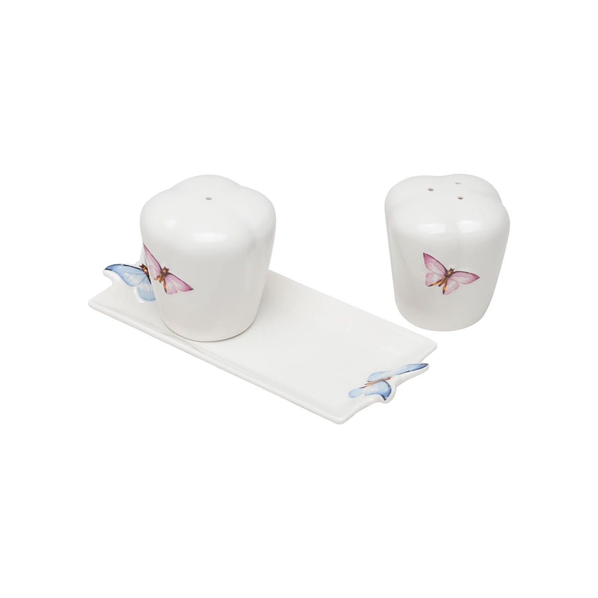 Conjunto Saleiro e Pimenteiro com Bandeja de Porcelana Borboletas Branco 6cm 3 Peças