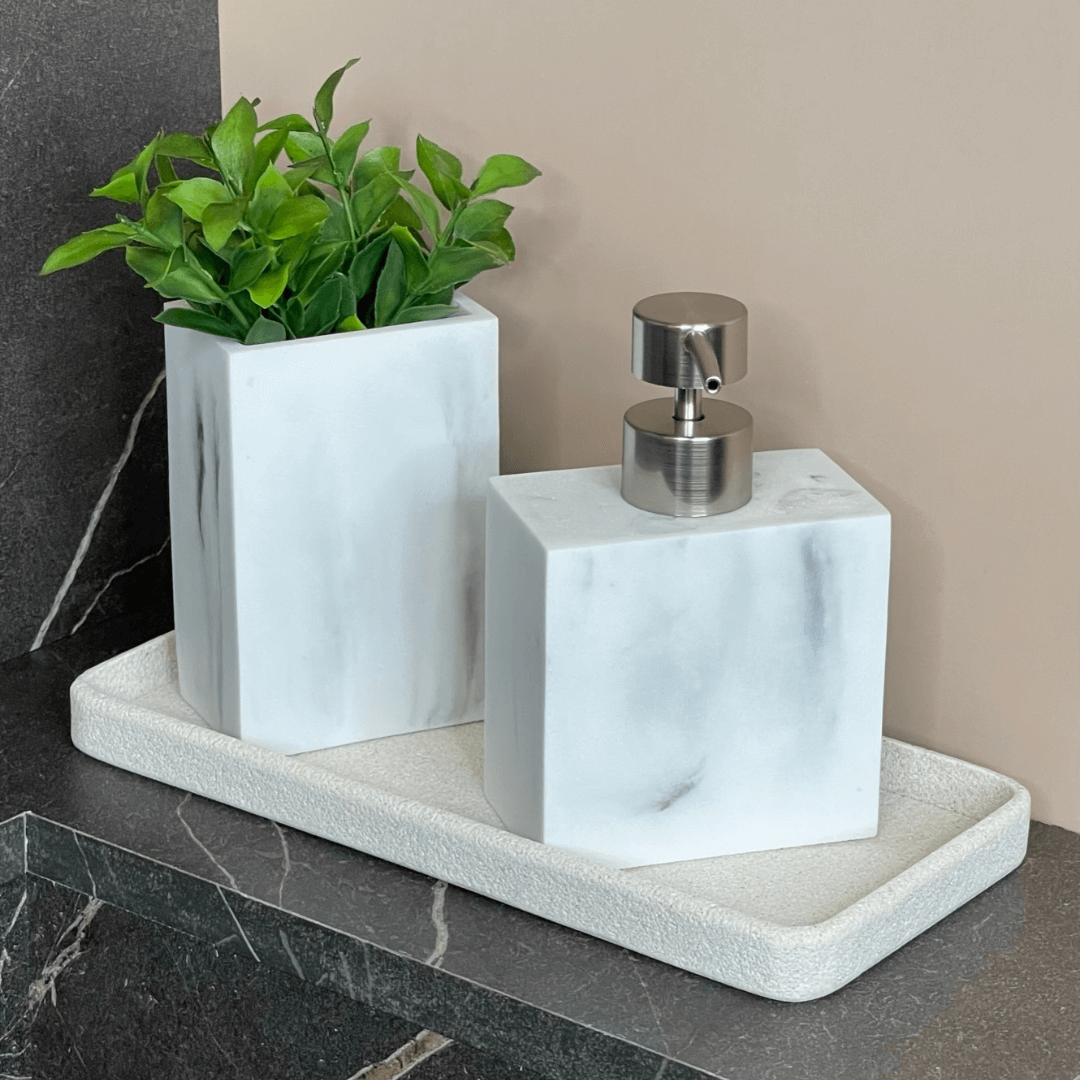 Copo Porta Escova Multiuso em Poliresina Branco Marmorizado 12cm