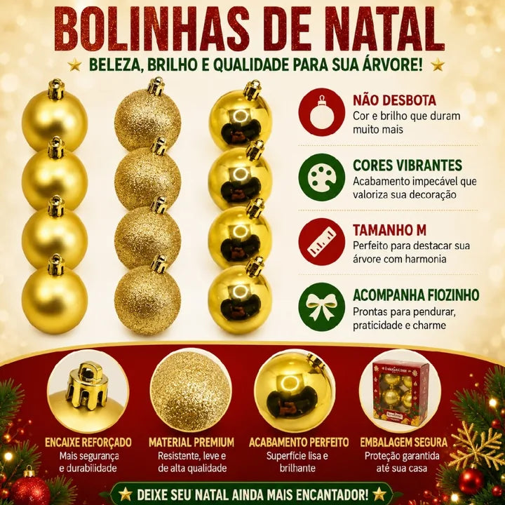 Exemplo dos acabamentos das bolas de Natal. Cores podem variar.