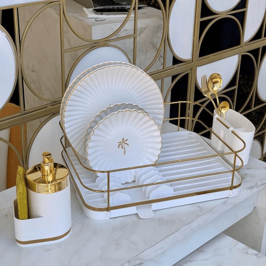 Escorredor de Louças Branco e Dourado com Bico