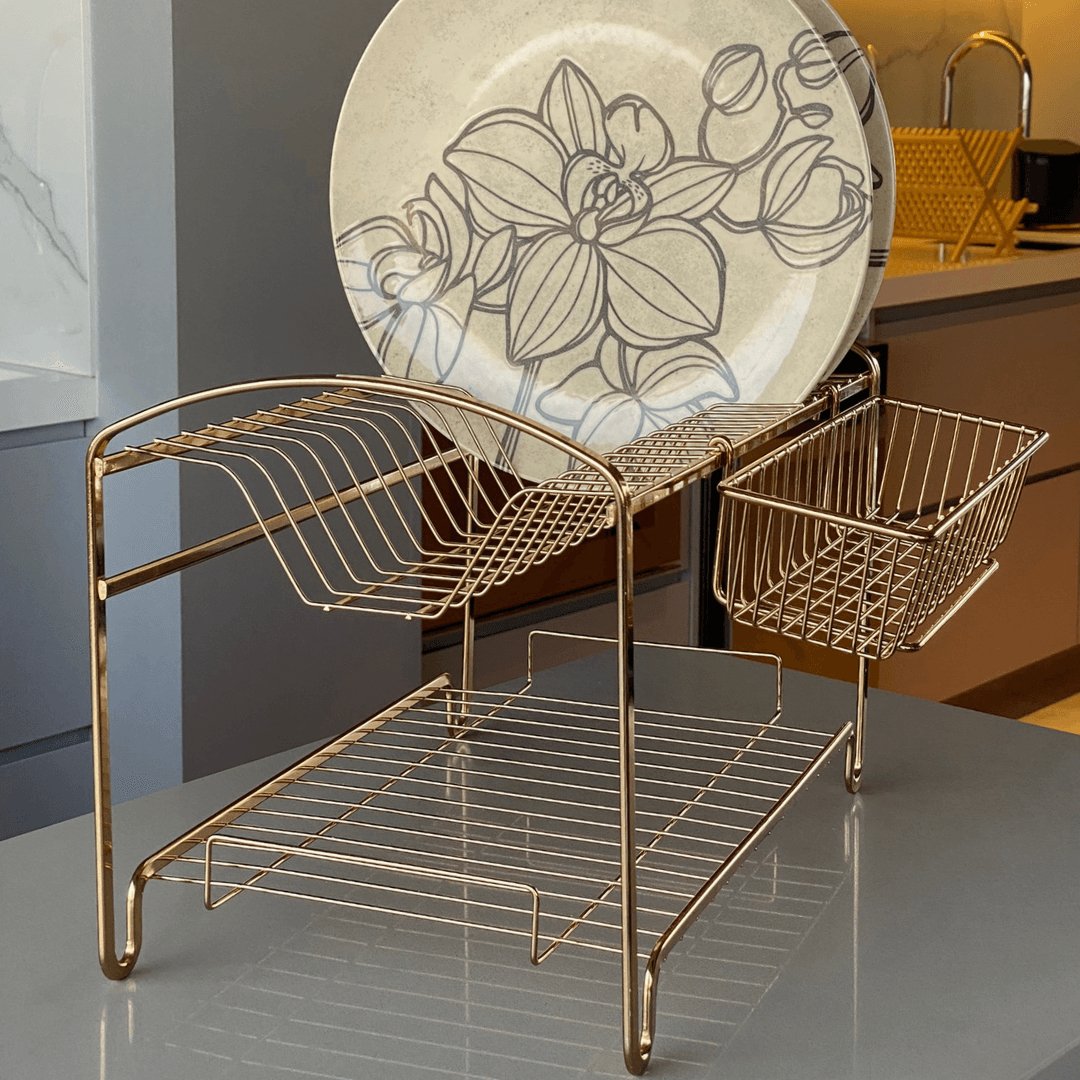 Escorredor de Louças Duplo 16 Pratos Aço Dourado Luxo