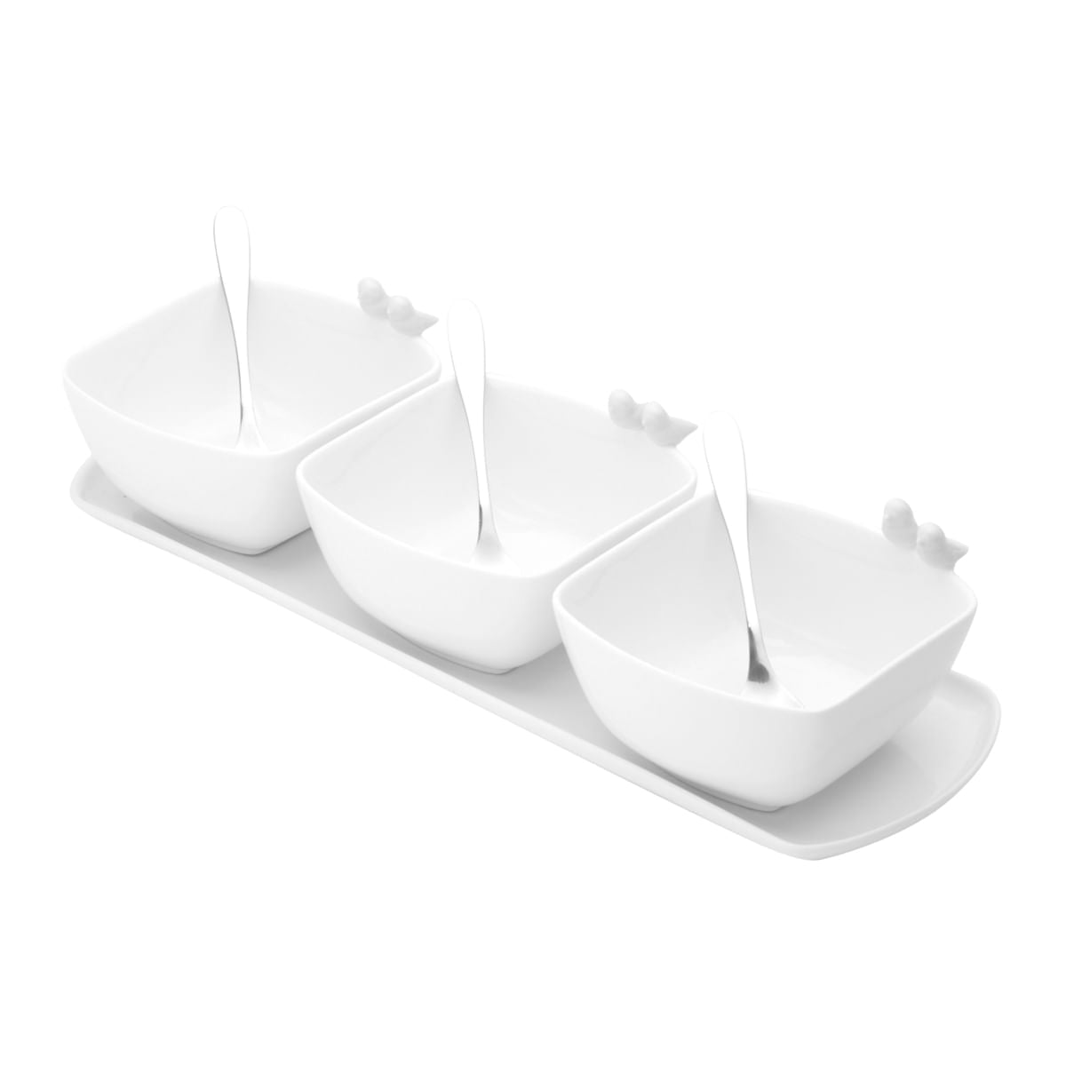 Jogo 3 Petisqueiras Porcelana com Bandeja e Colher Birds Branca 36cm