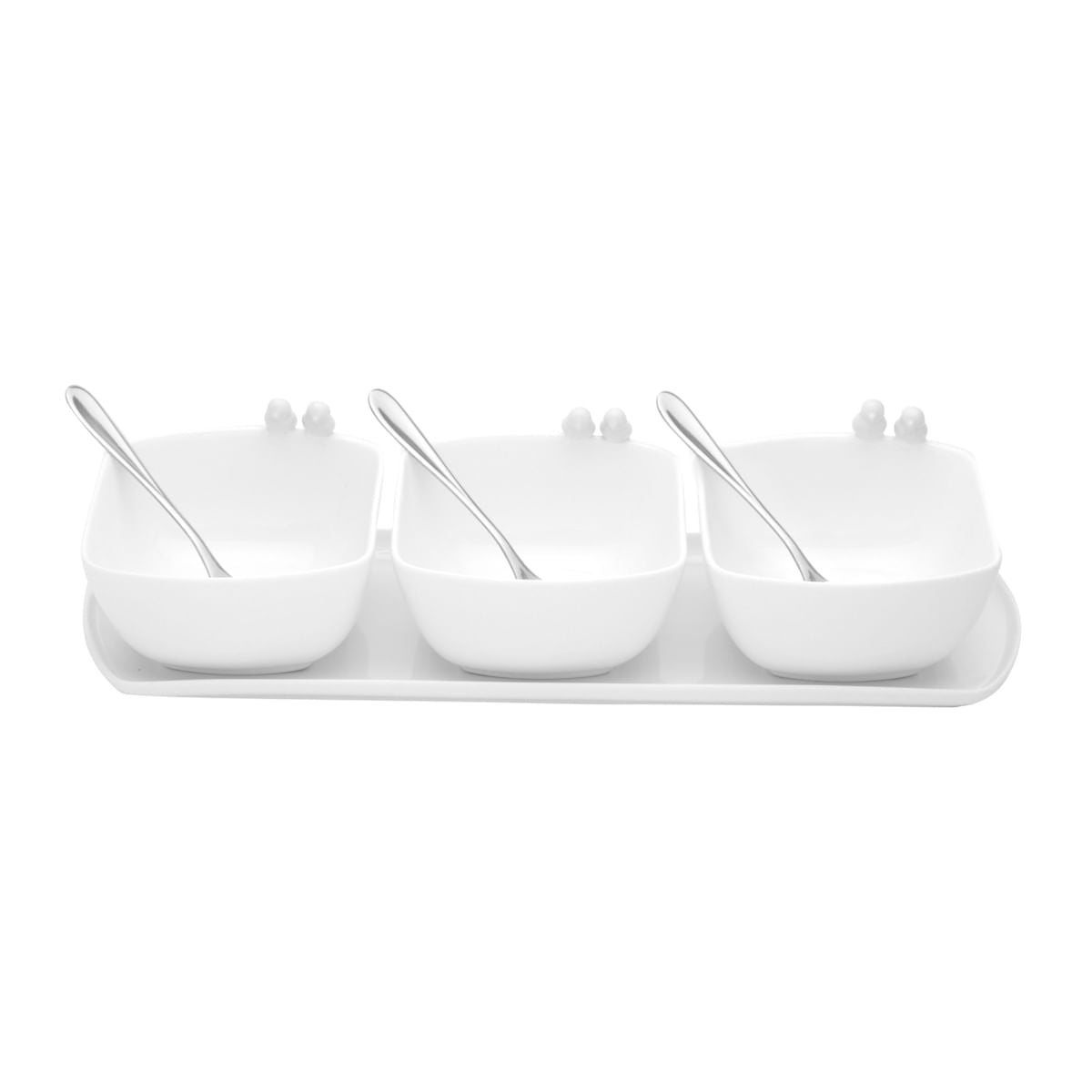 Jogo 3 Petisqueiras Porcelana com Bandeja e Colher Birds Branca 36cm