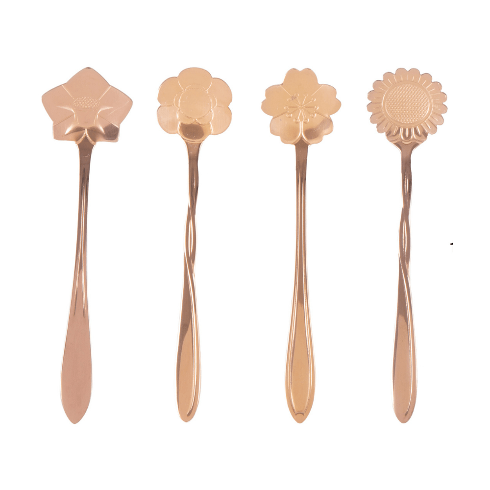 Jogo 4 Colheres Para Chá Flores Aço Inox Rose Gold