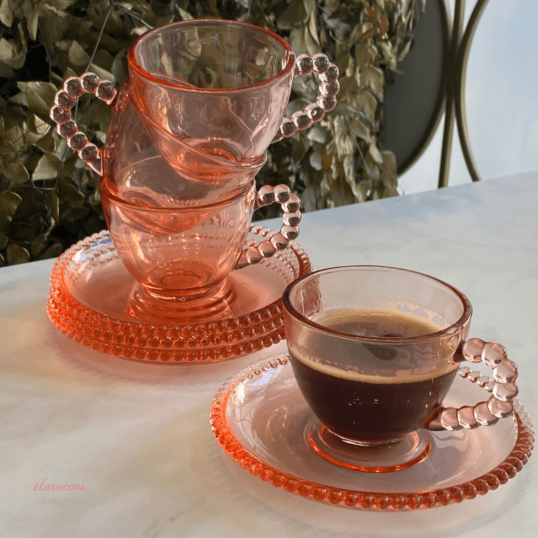 Jogo 4 Xicaras de Café Cristal de Chumbo com Pires Pearl Rosa 80ml
