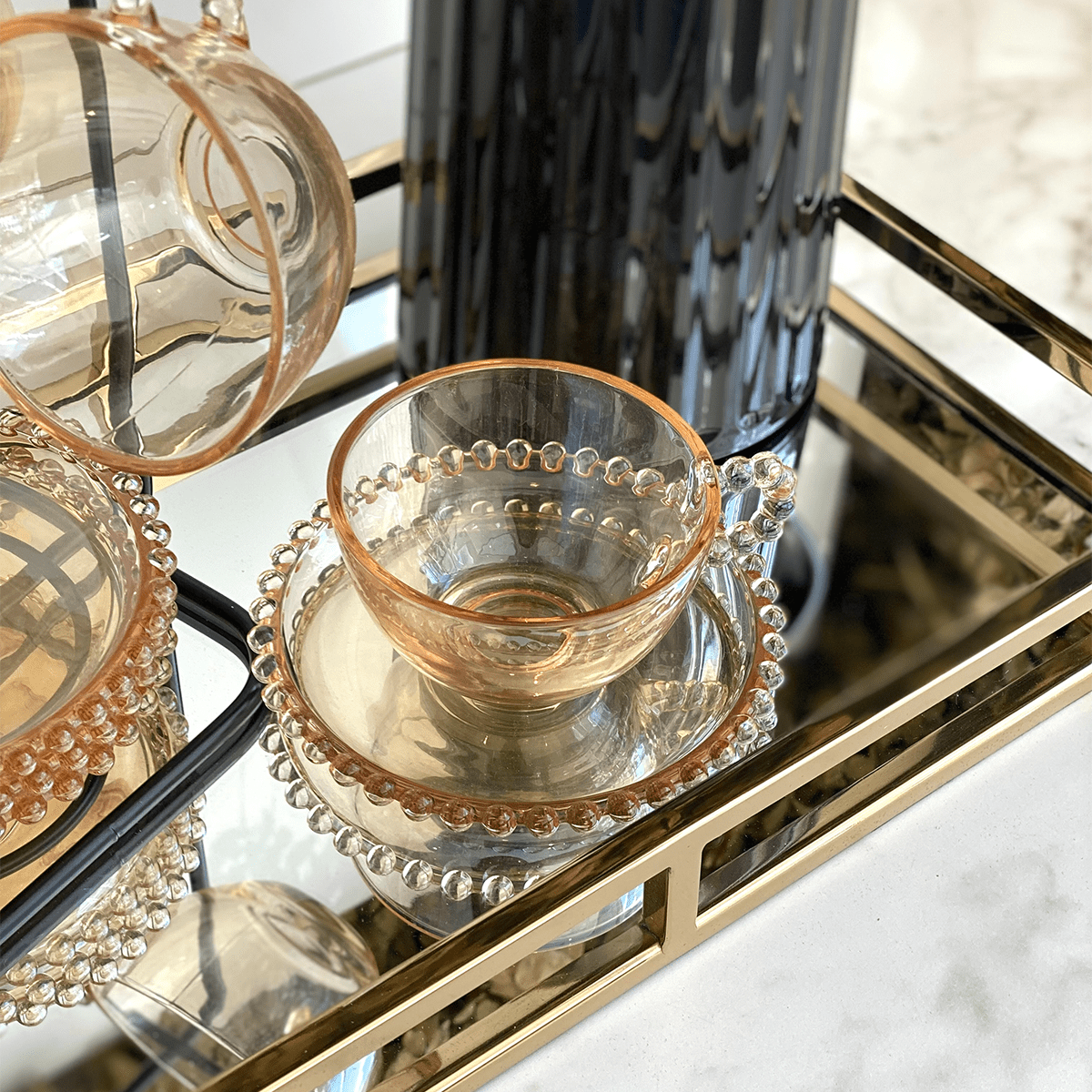 Jogo 4 Xicaras para Chá em Cristal com Pires Pearl Âmbar 180ml