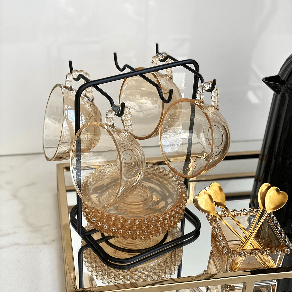 Jogo 4 Xicaras para Chá em Cristal com Pires Pearl Âmbar 180ml