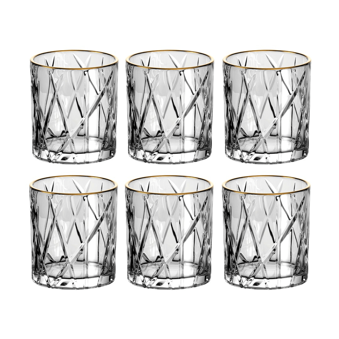 Jogo 6 Copos Baixos Whisky Forest Cristal Ecológico com Borda Dourada 310ml
