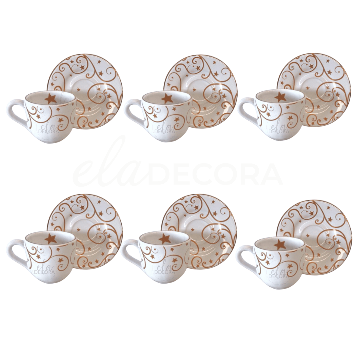 Jogo 6 Xicaras de Café com Pires Fio de Ouro Natal Christmas Day