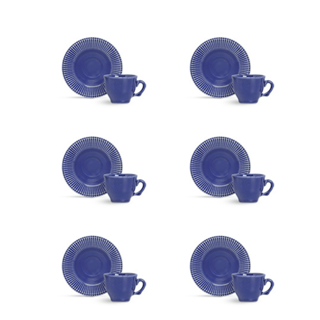Jogo 6 Xícaras de Café com Píres Frisada Azul 100ml
