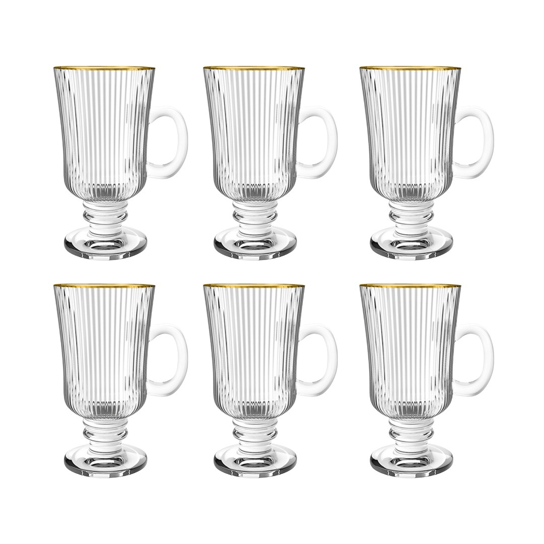 Jogo 6 Xícaras de Café Irish Coffee Cameratta Vidro Borda Dourada 230ml