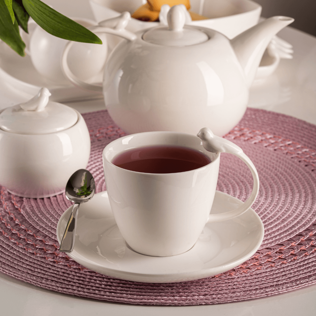 Jogo 6 Xícaras de Café Porcelana com Pires Birds Branca 85ml