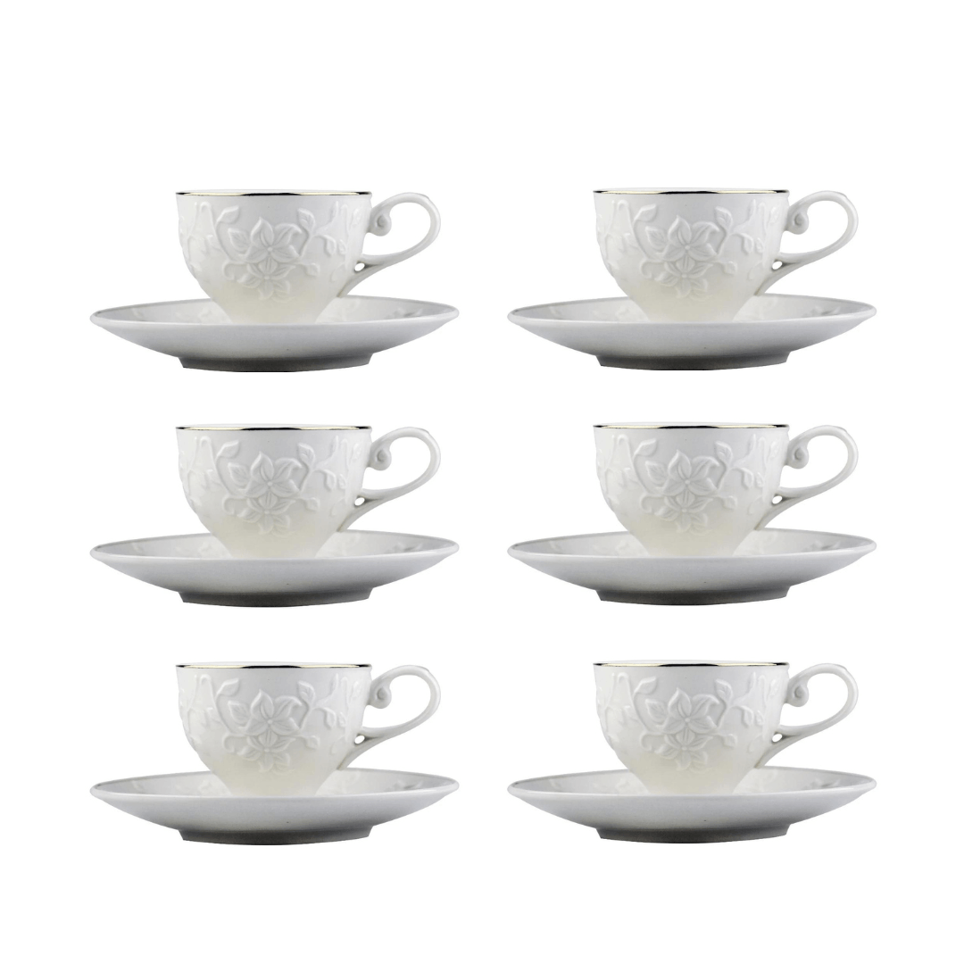 Jogo 6 Xícaras para Café com Pires Scarlet New Bone Branco com Borda Dourada 90ml