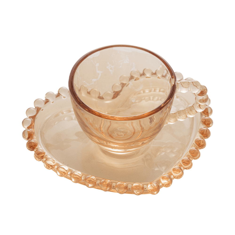 Jogo de 4 Xícaras de Café Cristal com Pires Coração Pearl Âmbar - 85 ml