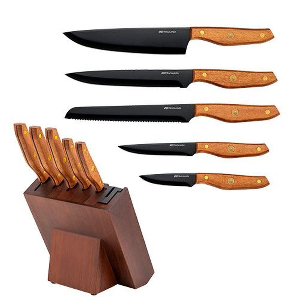 Jogo De 5 Facas Hanzzo Wood em Aço Inox Lâmina Preta