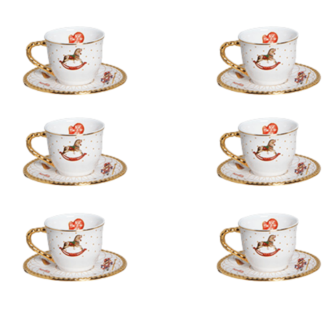 Jogo de 6 Xicaras para Chá com Pires Toys Christmas Natal Branco e Dourado 200ml