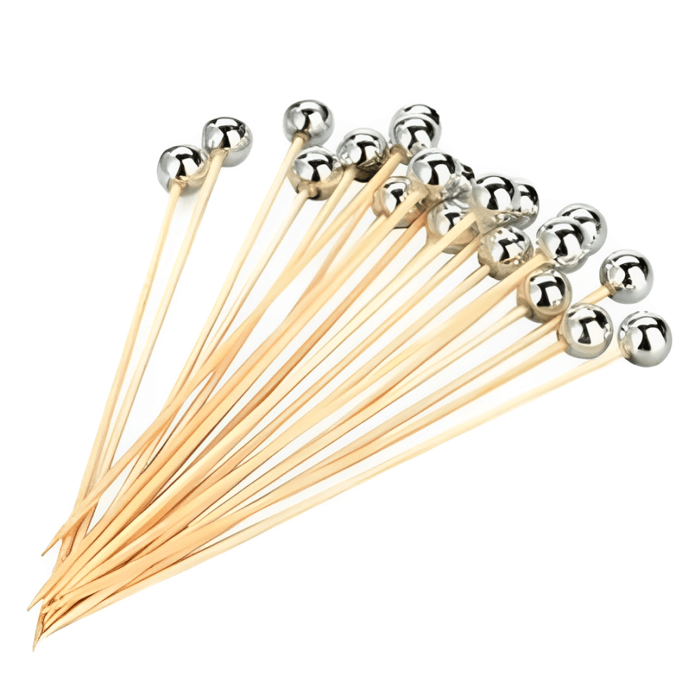 Jogo de Palitos para Petiscos em Bambu com Bolinha Cromada 12cm - 20 Peças