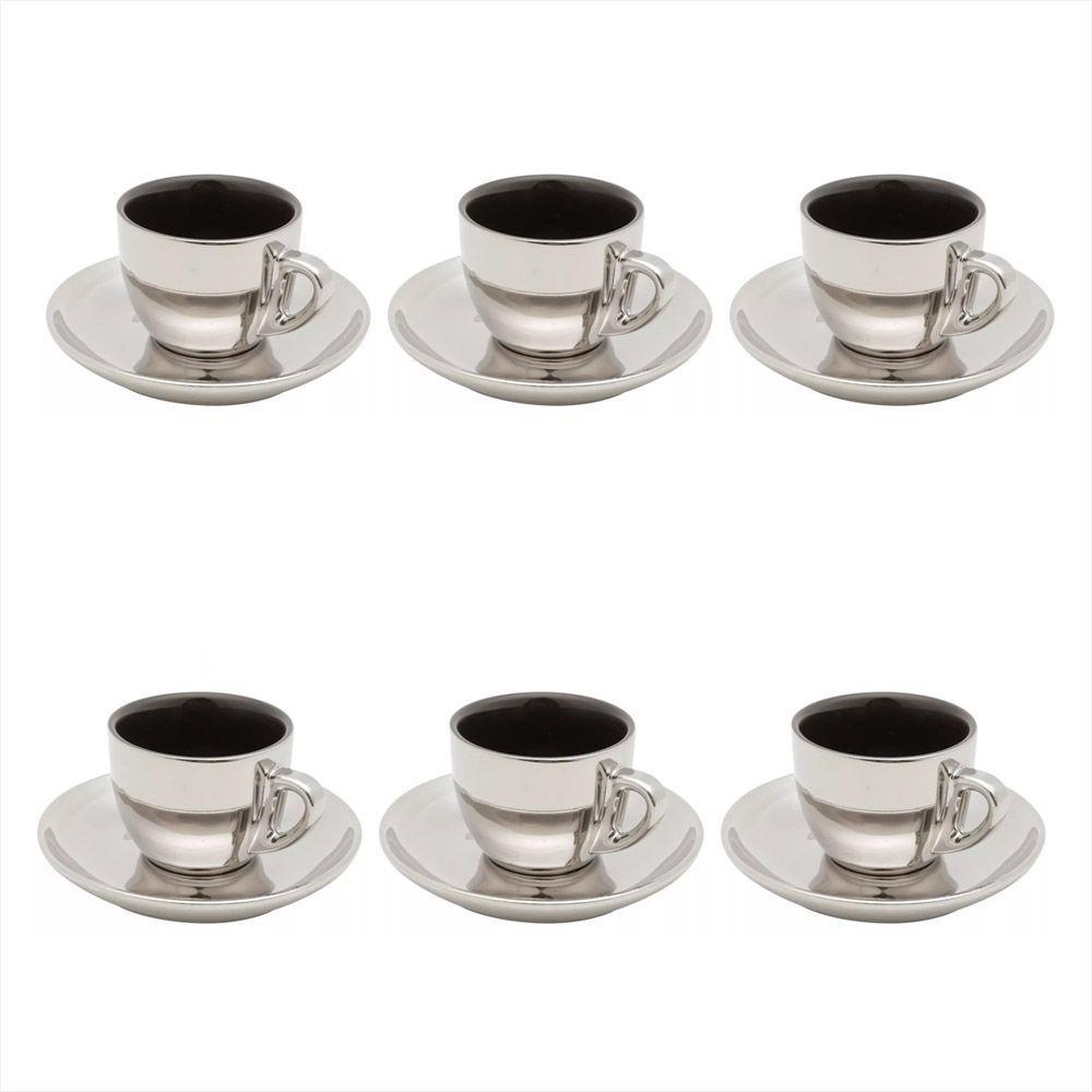 Jogo De Xicaras Luxo Para Café Com Pires Wolff Versa 90ml 6 Peças Preto e Prata