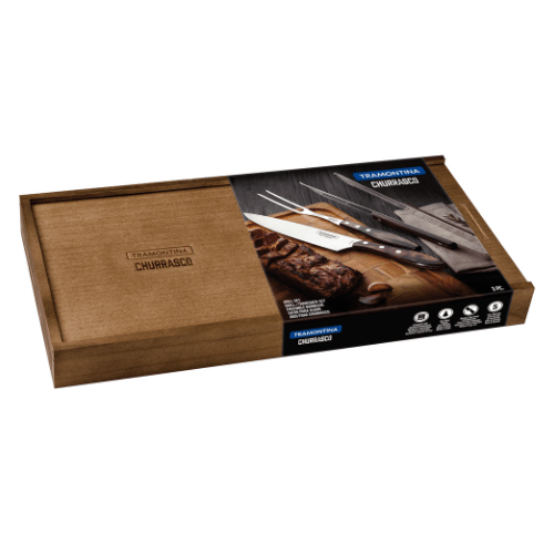 Jogo para Churrasco em Aço Inox e Cabo Castanho Polywood com Estojo 3 Peças Tramontina
