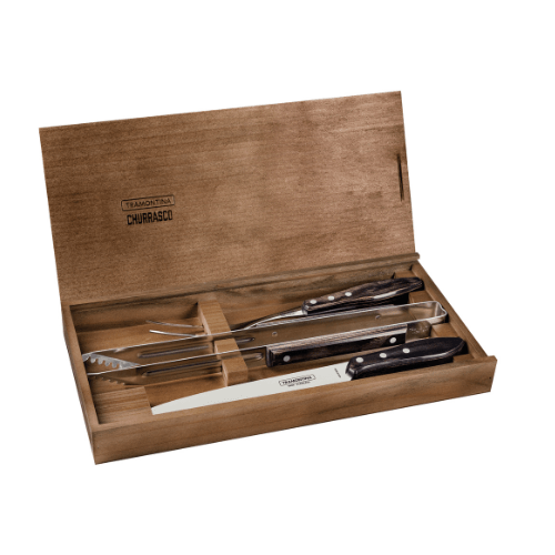Jogo para Churrasco em Aço Inox e Cabo Castanho Polywood com Estojo 3 Peças Tramontina